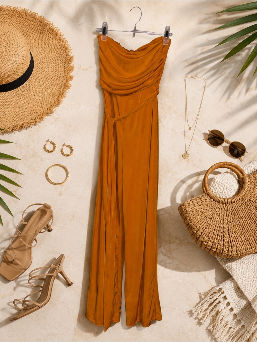Skylar Rose Strapless Jumpsuit Small Ruched Back Lined Legs Sunset Orange